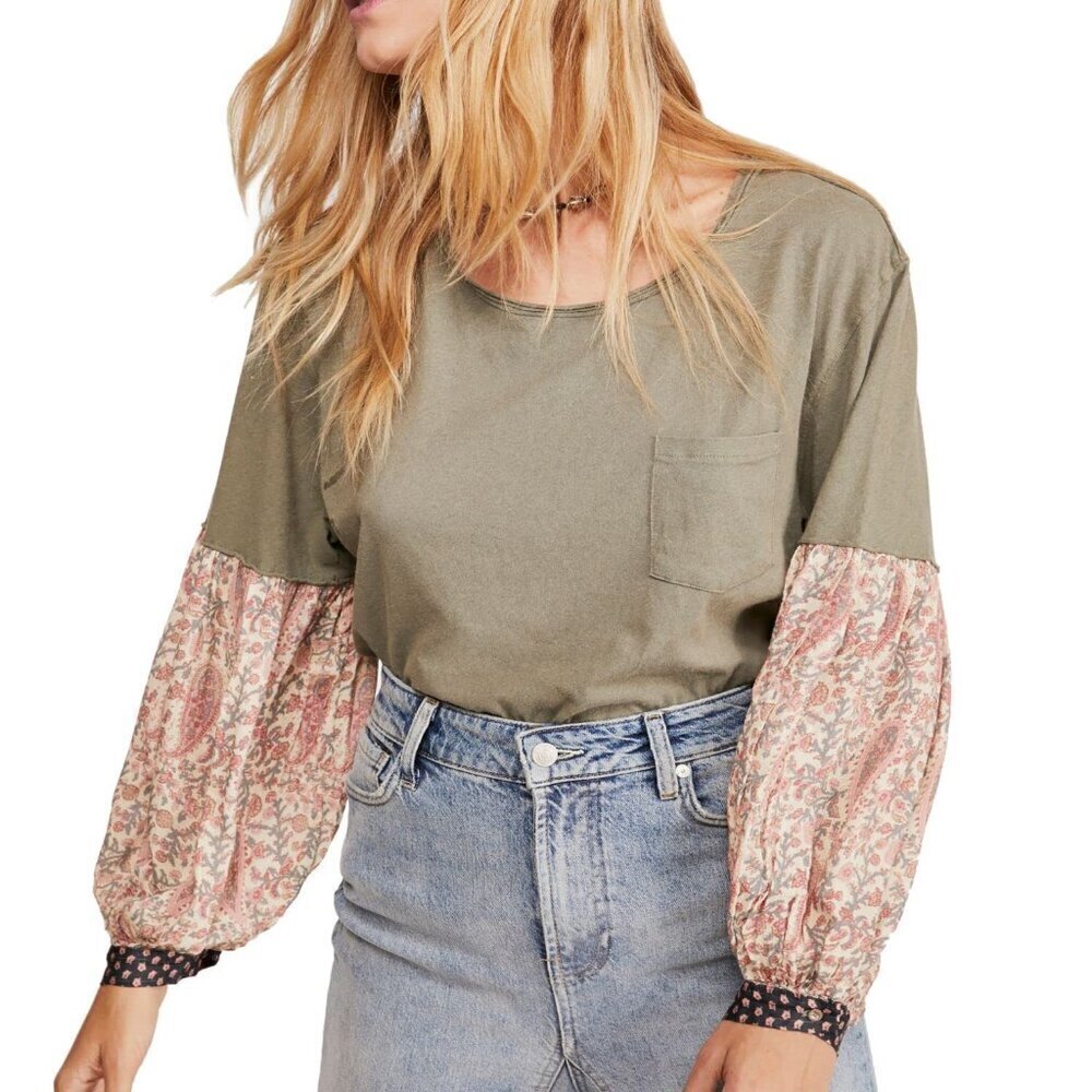 Free People We the Free Jade Floral Printed Sleeves Slouchy T-Shirt in Green -XS - Picture 2 of 7
